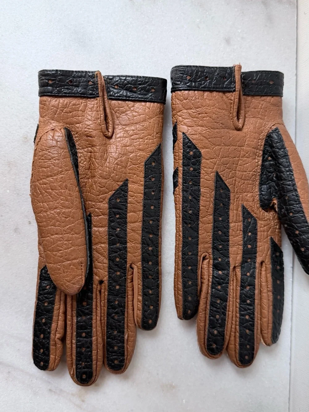 Brown Leather Gloves with Black Chevron Trim vintage